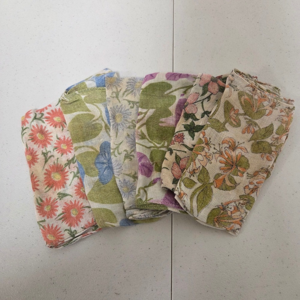 Vintage 1960s Floral Linen Napkins Set of 6 MCM Botanical Retro Table Linens